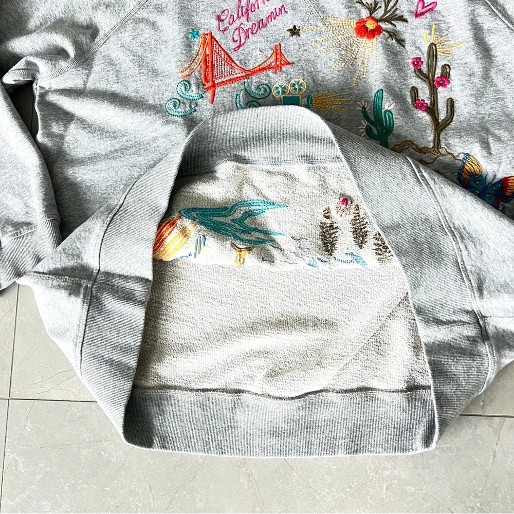 JOHNNY WAS California Raglan Gray Multicolor Embroidery Cotton Sweatshirt Sz XL - Picture 14 of 16